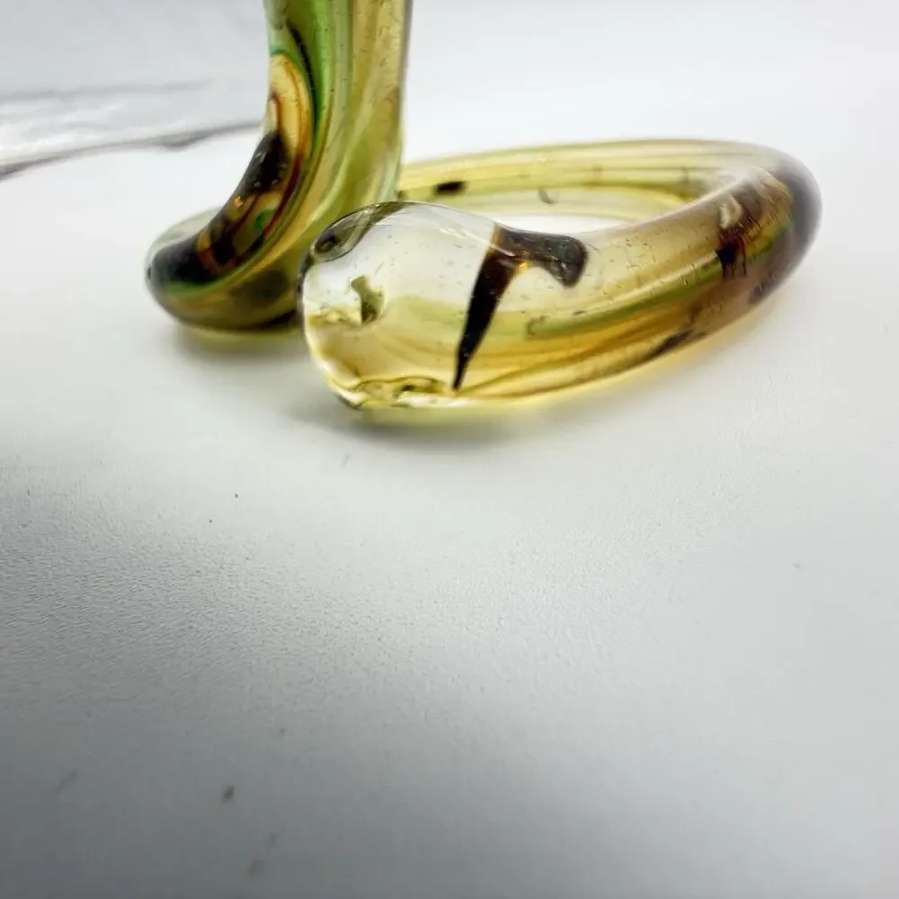 Murano-Style Hand-Blown Green Amber Swirl Art Glass Coiled Base Lilly Vase VTG